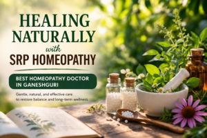 Healing Naturally with SRP Homeopathy – A peaceful nature-inspired image featuring homeopathic remedies, emphasizing wellness and balance with a mortar and pestle, herbal plants, and natural remedies.