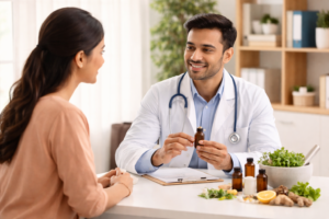 homeopathy doctor consulting patient with natural remedies and herbal medicine in clinic
