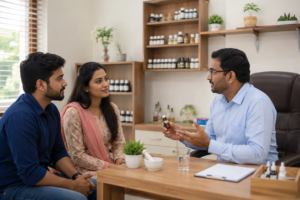 Indian homeopathy doctor consulting patients during a personalized treatment session at a modern clinic