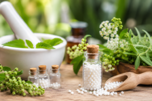 Natural homeopathy medicines and herbal wellness setup representing modern homeopathy treatment in Guwahati