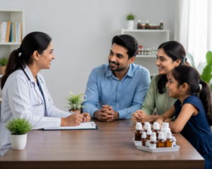 Homeopathy doctor consulting a smiling family with young child in a modern, well-lit clinic at SRP Homeopathy, Guwahati.